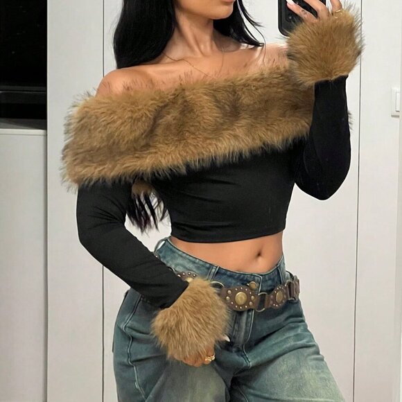 Multicolor Casual Women's Fluffy Collar Splice Off Shoulder Long Sleeve T-Shirt - Picture 1 of 6